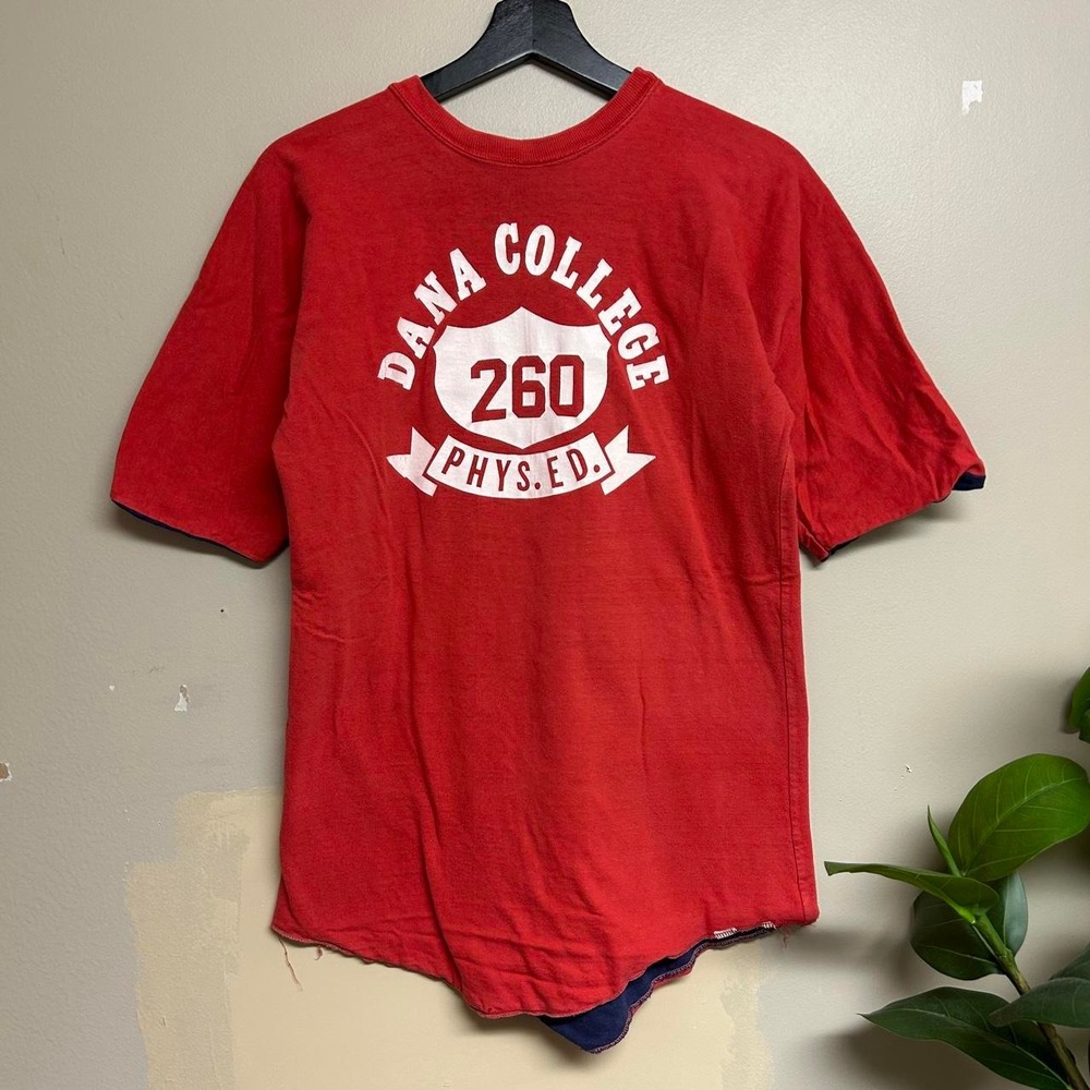 Vintage 60s Dana College Double Face Cotton Gym Shirt Red Navy Reversible Mens M